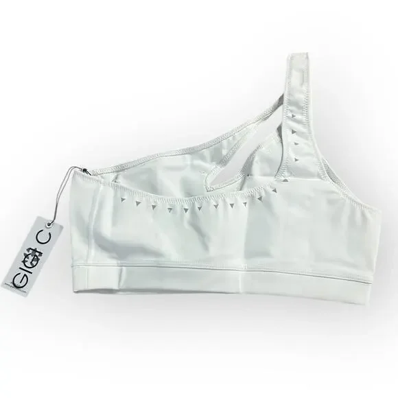 GIGI C Jacqui Sports Bra Women's Medium White One Shoulder Cutout Asymmetrical